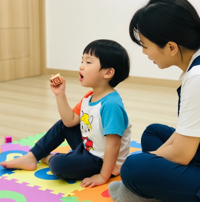 아동이 블록을 들고 옆에 앉은 성인과 상호작용하는 모습
