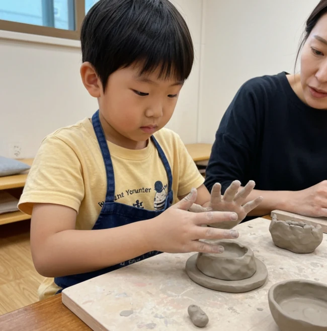 앞치마를 두른 아동이 성인과 함께 점토를 손으로 만지는 모습