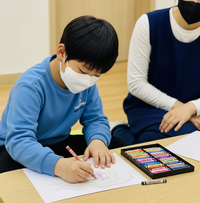 책상에서 여러 색의 크레용으로 그림을 그리는 아동