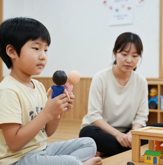 나무 교구가 있는 공간에서 인형 두 개를 들고 성인과 마주 앉은 아동