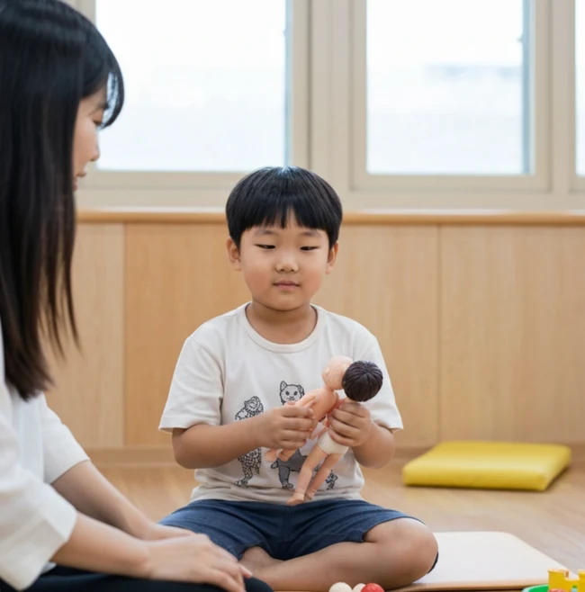 아동이 성인 옆에 앉아 인형을 들고 놀이하는 모습