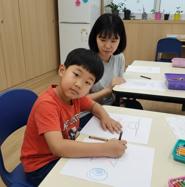 아동이 성인과 같은 테이블에 앉아 종이에 그림을 그리는 모습