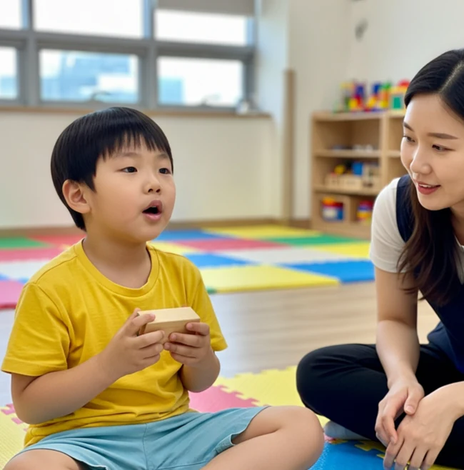 아동이 나무 교구를 들고 성인과 마주 앉아 소리를 내며 상호작용하는 모습
