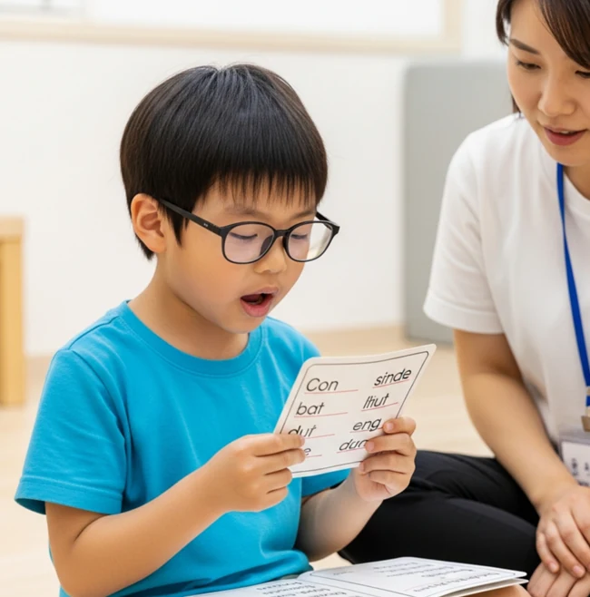 안경을 쓴 아동이 성인과 함께 글자가 적힌 카드를 들여다보는 모습
