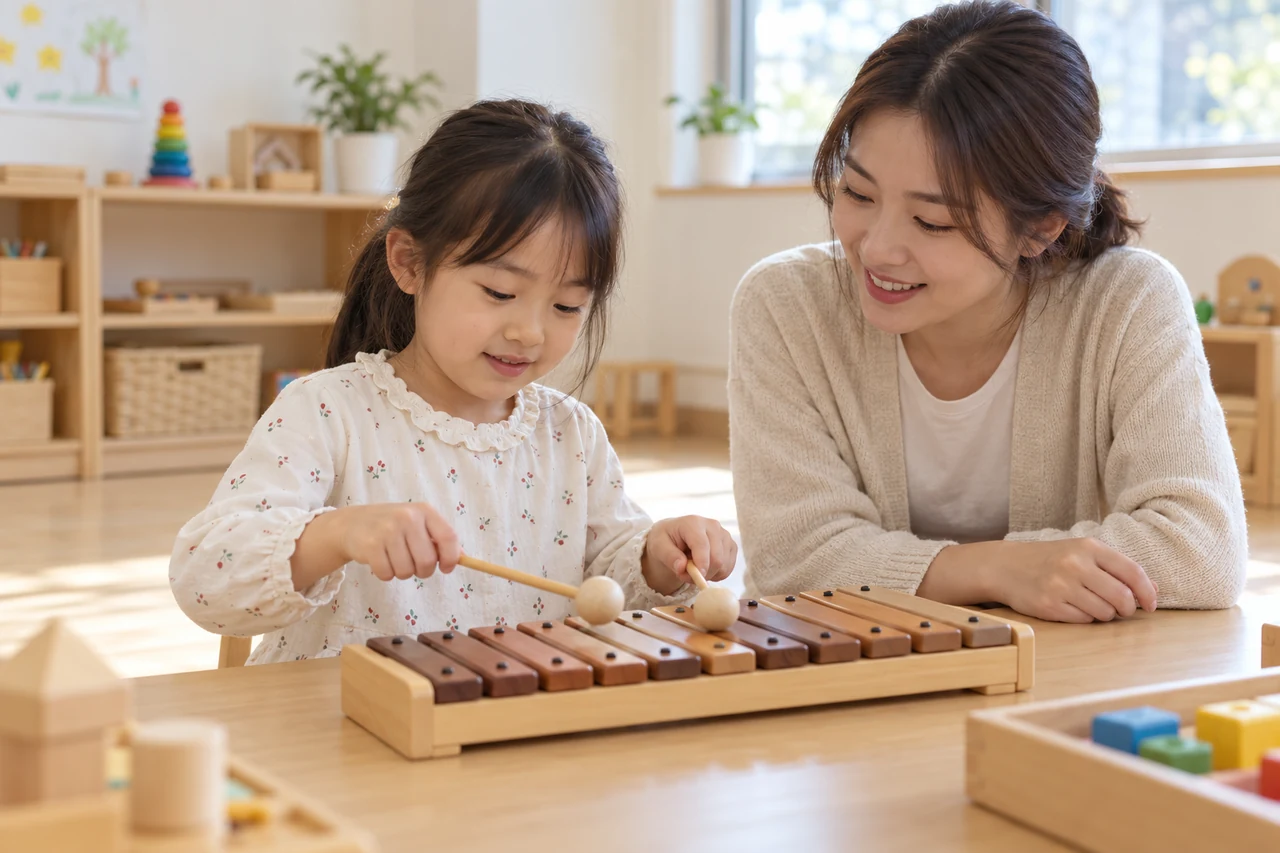 활동 예시 이미지: 아동과 성인이 작은 실로폰을 함께 연주하는 모습