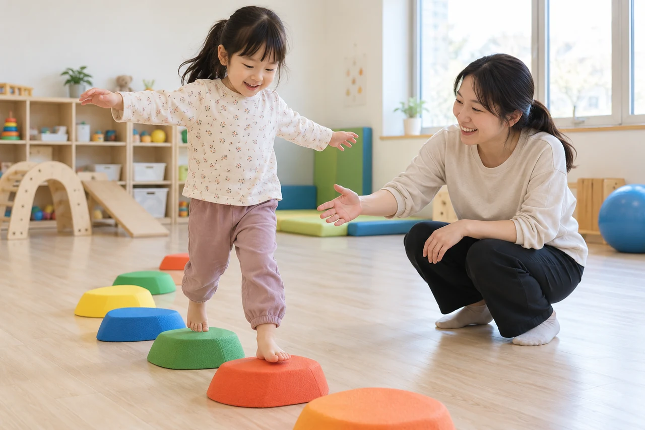 활동 예시 이미지: 아동이 성인의 도움을 받으며 낮은 디딤돌 위에서 균형을 잡는 모습