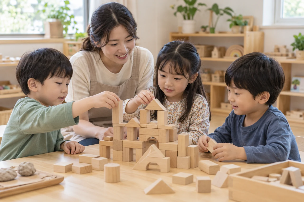 활동 예시 이미지: 세 아동이 성인과 함께 테이블에서 나무 블록을 쌓는 모습