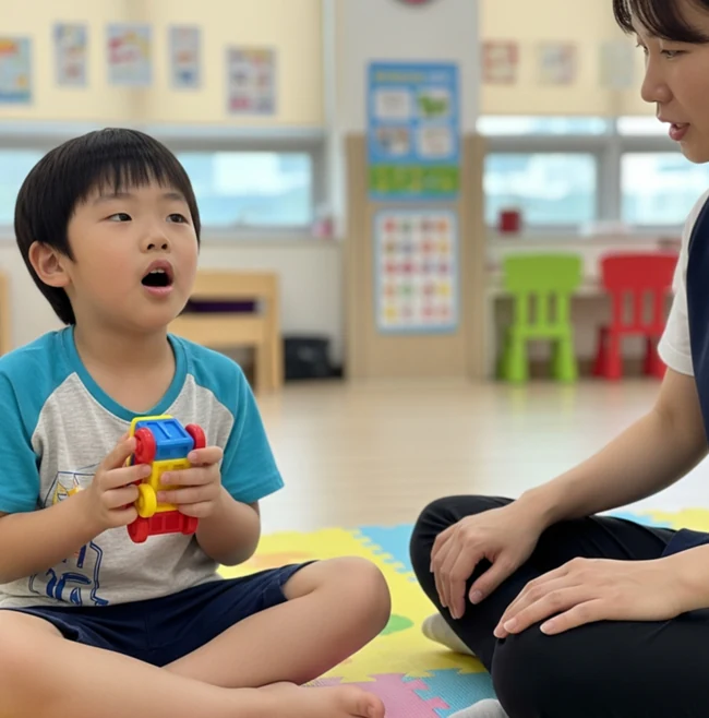 아동이 장난감을 들고 성인과 마주 앉아 말하는 모습
