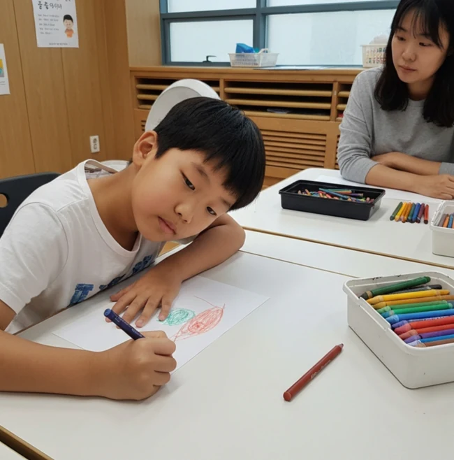 아동이 성인 옆에서 종이에 색칠하며 그림을 표현하는 모습