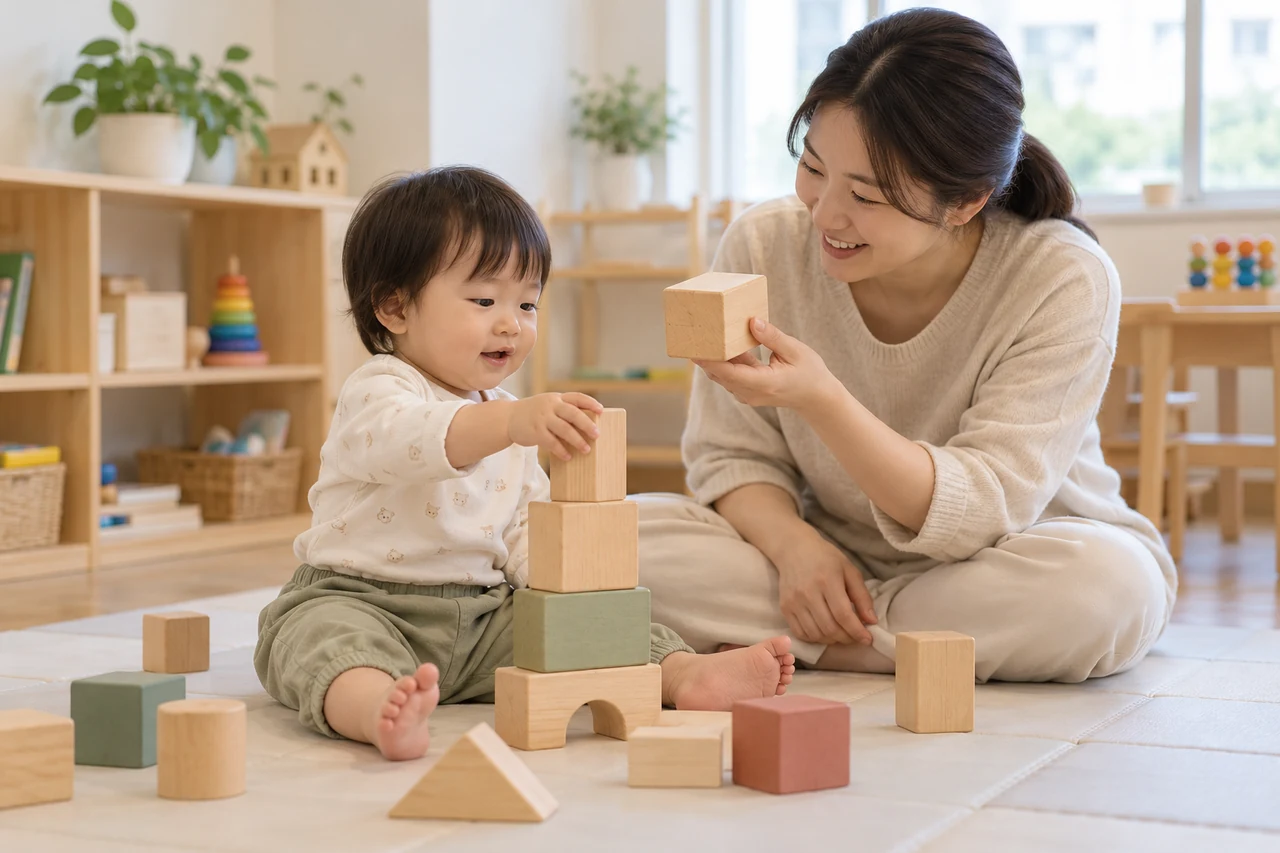 활동 예시 이미지: 매트에 앉은 영아가 성인과 함께 큰 나무 블록을 탐색하는 모습