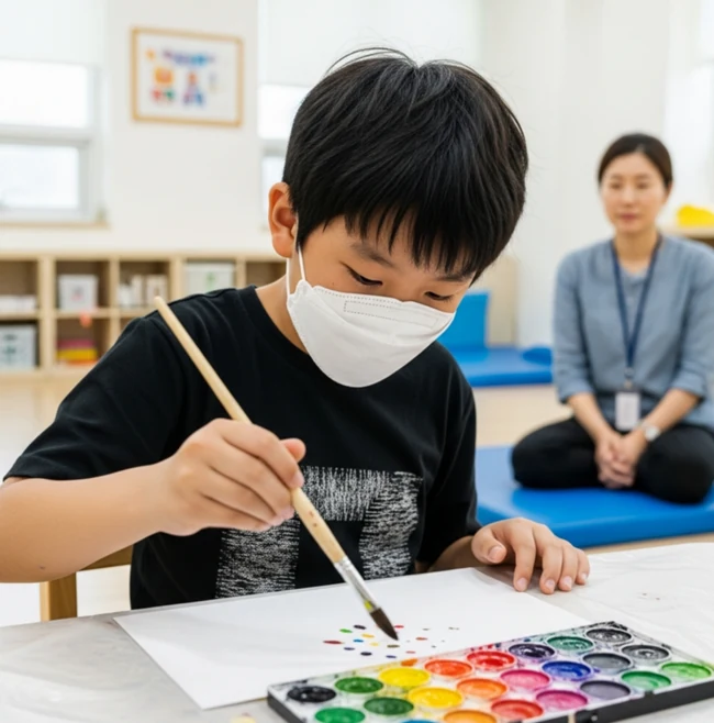 아동이 붓과 여러 색의 수채화 물감으로 종이에 색을 칠하는 모습