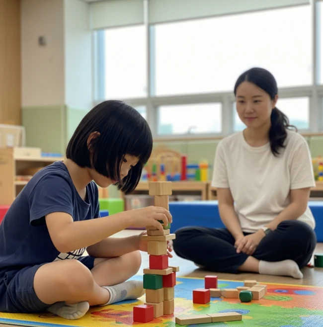 매트에 앉은 아동이 성인과 함께 나무 블록을 쌓는 모습